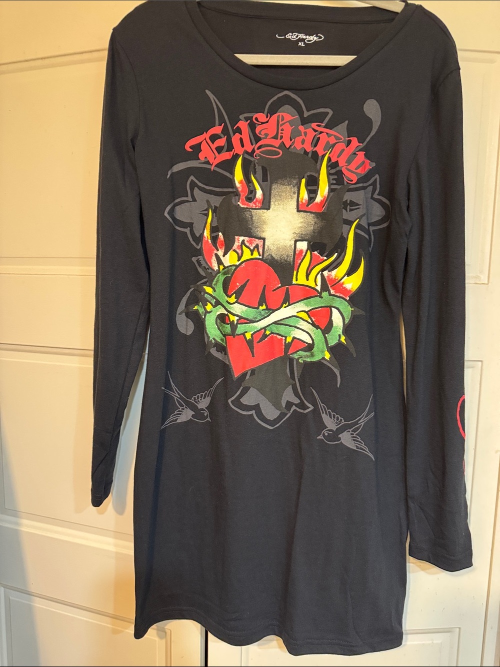 NWOT Ed Hardy-Inspired Black Long Sleeve Dress with Red, Yellow & Green Graphic